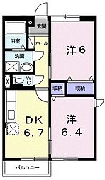 セゾンパークＡ棟 2階2DKの間取り
