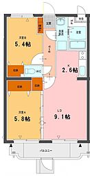プランドール柳原 2階2LDKの間取り