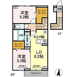 仙台市営南北線 八乙女駅 徒歩16分の賃貸アパート 2階2LDKの間取り