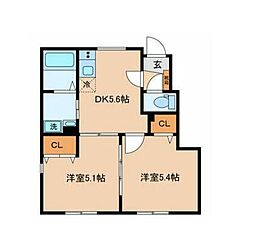 メゾンジェム 1階2DKの間取り