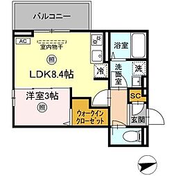 フリーデンやりた 205 2階1LDKの間取り
