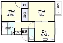 プレジール加茂A 2階2DKの間取り