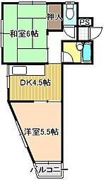 レジデンス遠若 2階2DKの間取り