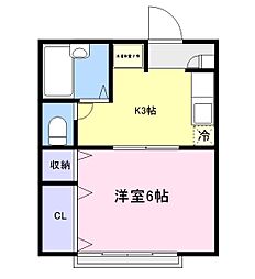 アジュール北陽 2階1Kの間取り