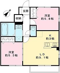 アリビオＢ 1階2LDKの間取り