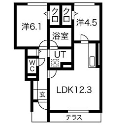 ヴェール桃山 102 1階2LDKの間取り