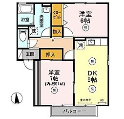 リバーシティー　Ａ 2階2DKの間取り