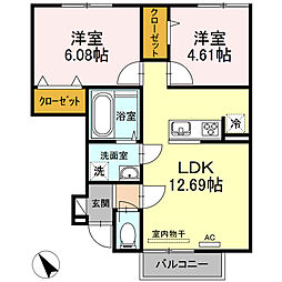 リアンシー中田 1階2LDKの間取り