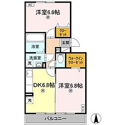リビングタウン北川添　A棟 2階2DKの間取り