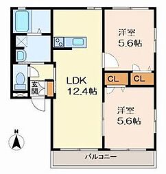 リッチンコートII 1階2LDKの間取り