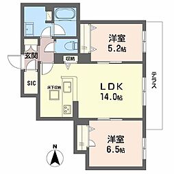 シャーメゾン レーヴ 1階2LDKの間取り