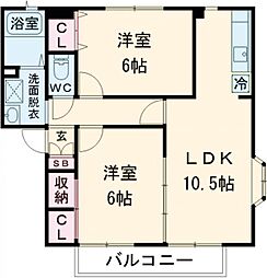 アルティス飯島Ｂ棟 2階2LDKの間取り