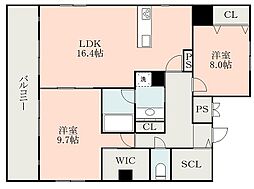 熊本市電A系統 水道町駅 徒歩2分の賃貸マンション 8階2LDKの間取り
