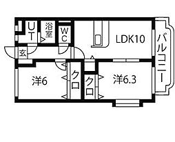 グリーンヒルズ 3階2LDKの間取り
