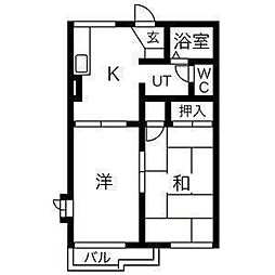 ビレッジ・ディナB 1階2DKの間取り