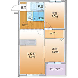 ハートフル　クレア 3階2LDKの間取り