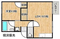 プレジール加茂A 2階1LDKの間取り