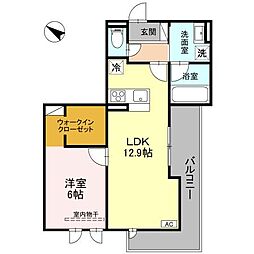 ARANCE御宝町 2階1LDKの間取り