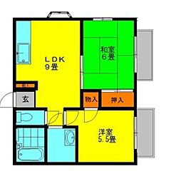 シャレール大弘 3階2LDKの間取り