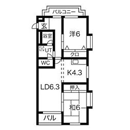 ベル・ハイツ清水 4階2LDKの間取り