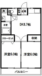 クリフ若木II 2階2DKの間取り