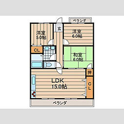 サンヒルズスギモト 2階3LDKの間取り