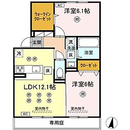 ブルシア 1階2LDKの間取り