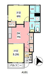 Ｐ’ＣＡＳＴＥＬＬＯ　Ａ 1階2DKの間取り