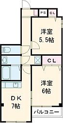 レナジア三郷 1階2DKの間取り