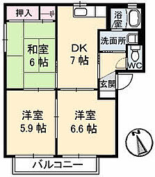 バリュージュヤシマD棟 1階3DKの間取り