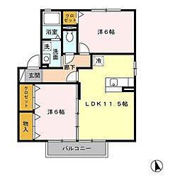 ナチュール北　Ａ 2階2LDKの間取り