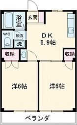 リバーサイド多摩 2階2DKの間取り