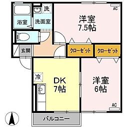 ヴィラージュ桂　I棟 2階2DKの間取り