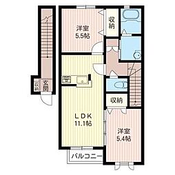 東武伊勢崎線 木崎駅 徒歩10分の賃貸アパート 2階2LDKの間取り