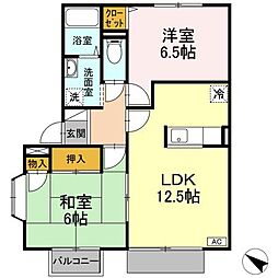 グリューネ二木 1階2LDKの間取り