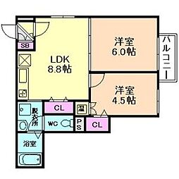 F asecia 諏訪ノ森 1階2DKの間取り