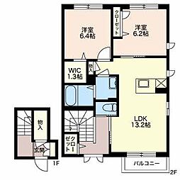 リブ．シャーメゾン 2階2LDKの間取り