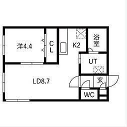 グランデール南郷 2階1LDKの間取り