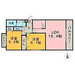 リバーサイド千年 2階2LDKの間取り