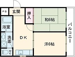サニーコート菜畑 4階2DKの間取り