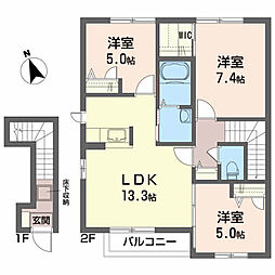 JR仙石線 多賀城駅 徒歩15分の賃貸アパート 2階3LDKの間取り