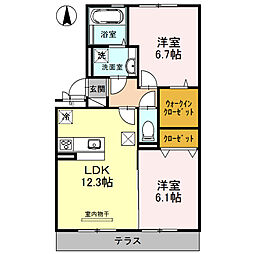 スカイヒルズひかり 1階2LDKの間取り