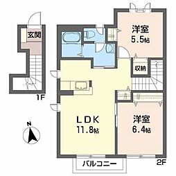 アミスターI 2階2LDKの間取り