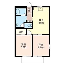 西武新宿線 狭山市駅 バス5分 河原宿下車 徒歩2分の賃貸アパート 1階2DKの間取り