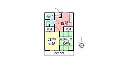 萩本コーポＢ 2階2DKの間取り