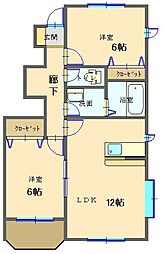 モンテ・レーヴＡ 1階2LDKの間取り