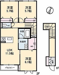 シャーメゾンリズ 203 2階3LDKの間取り
