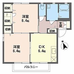 ラ・フローラD棟 2DKの間取図画像