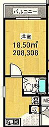 プレアール川田2 1Kの間取図画像