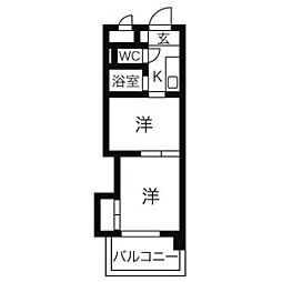 名鉄瀬戸線 三郷駅 徒歩3分の賃貸マンション 5階2Kの間取り
